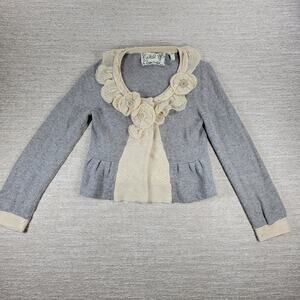 Field Flower Cashmere Blend Cardigan Gray Cream Floral Collar Sweater 11